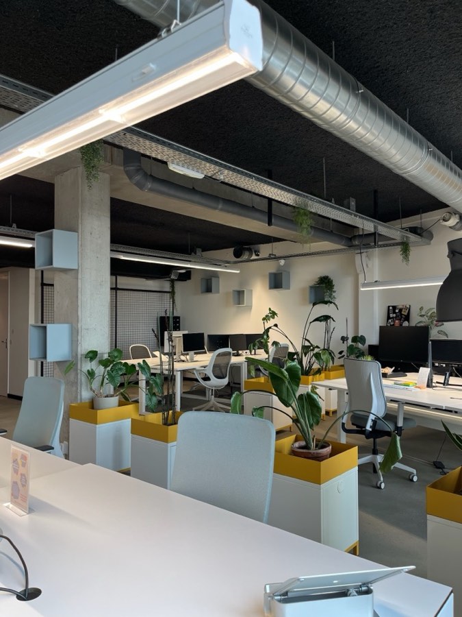 De open werkruimte met witte bureaus en planten in gele bakken